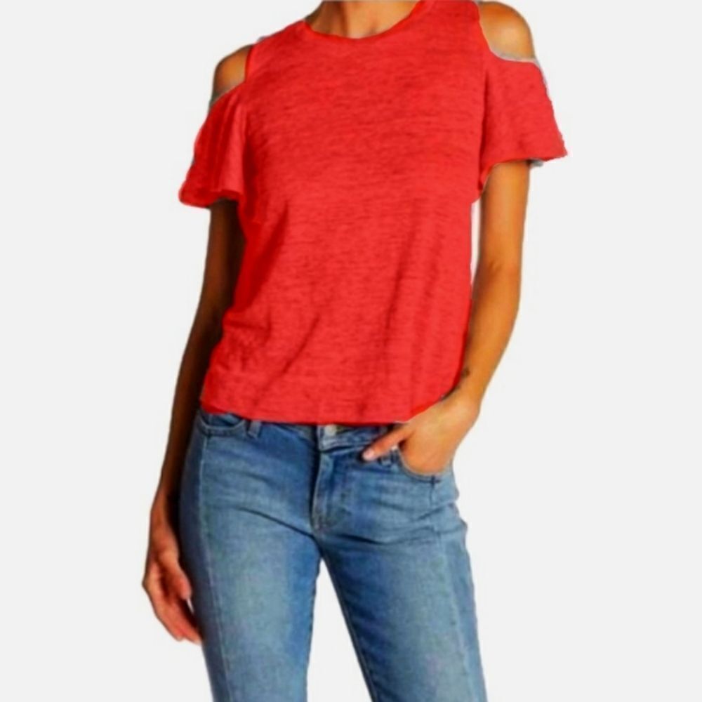 Rebecca Taylor 100% Linen Cold Shoulder Top Sz M in Candy Apple Red‎